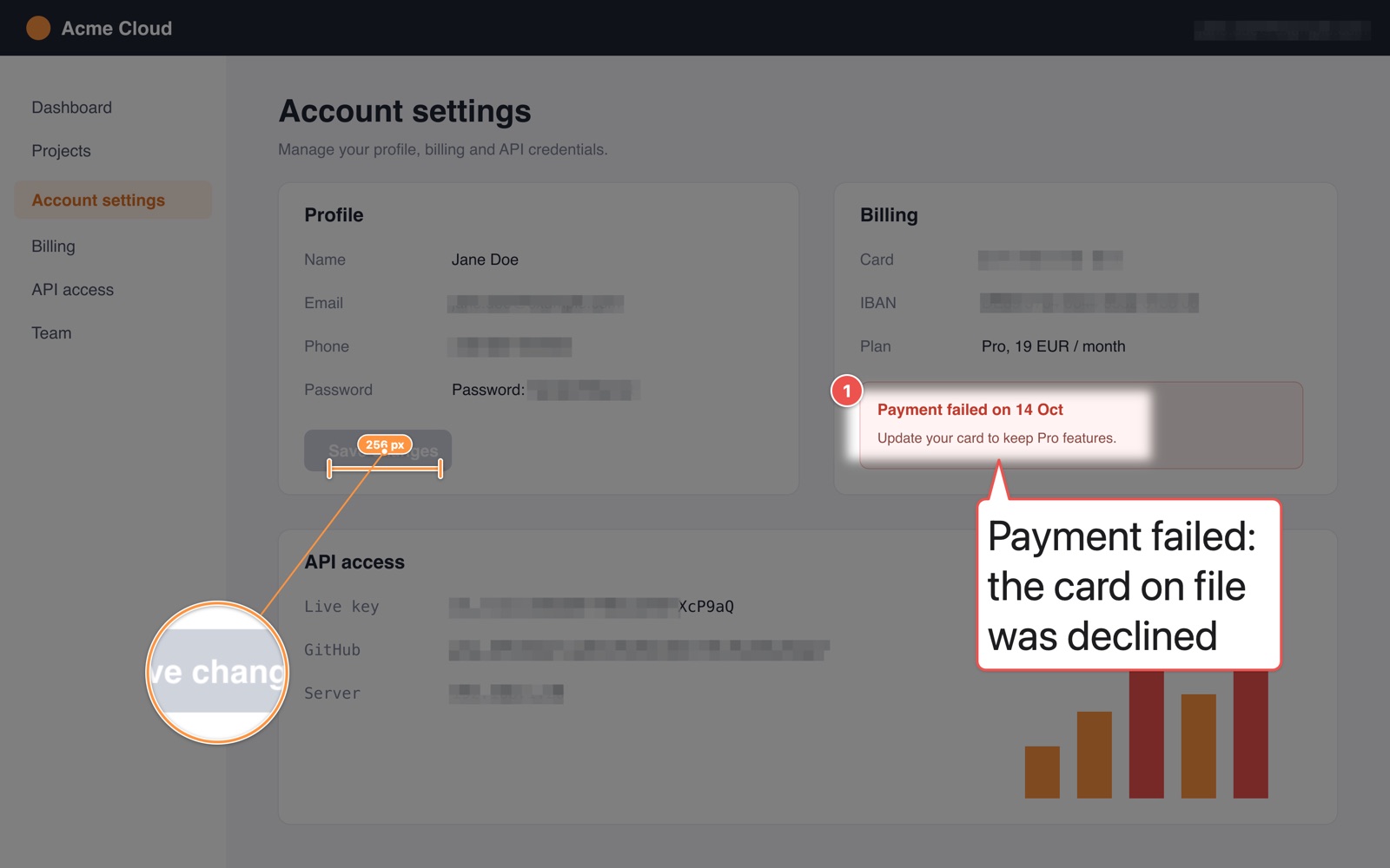 An account settings page annotated in Snipaya: personal details and card numbers are blurred, a numbered step marks a failed payment, a speech-bubble callout explains it, a ruler measures a button and a magnifier zooms into a label.